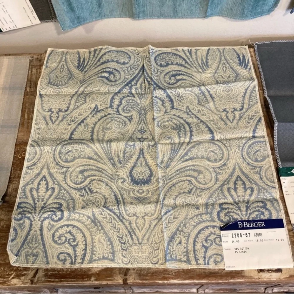8pcs Fabric Samples Lot - Rustic Blues and Greys Paisley Damask Solid